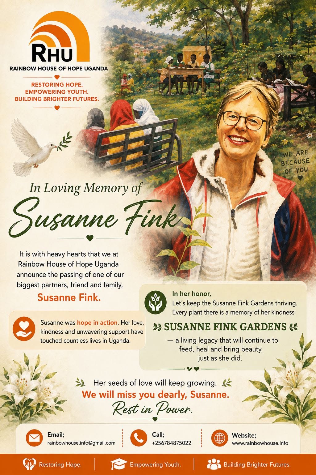 Memorial tribute to Susanne Fink by Rainbow House of Hope Uganda, honoring her support and legacy in Uganda